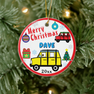 Yellow Red Cars PHOTO NAME Ceramic Ornament