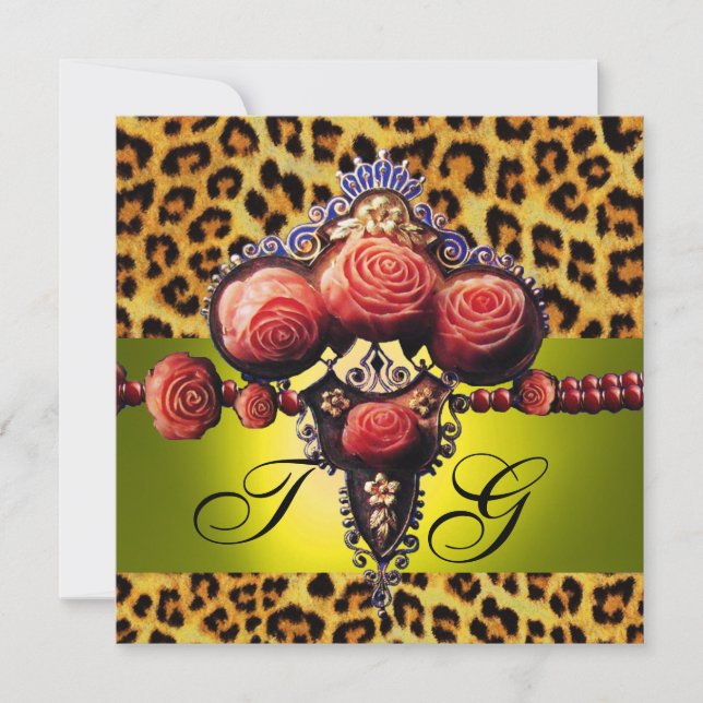 YELLOW  RED CORAL ROSES,LEOPARD SKIN MONOGRAM INVITATION (Front)