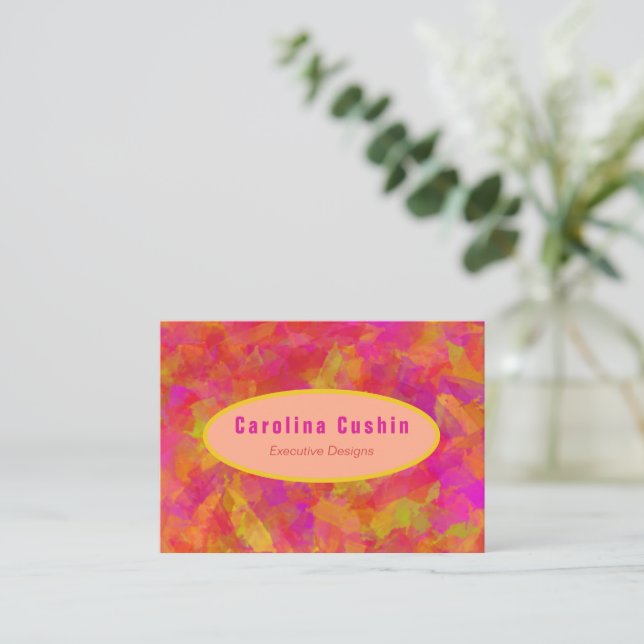 Yellow Red Damask Business Card (Standing Front)