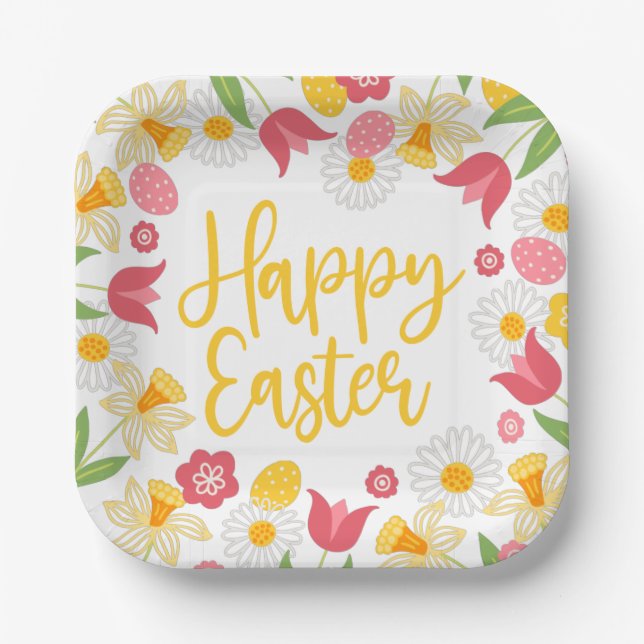 Yellow Red Floral Spring Easter Paper Plates (Front)