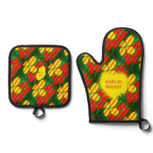 Yellow Red Flower Pattern with Green Background