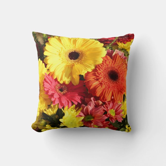 Yellow Red Gerbera Chrysanthemum Flowers Cushion (Front)
