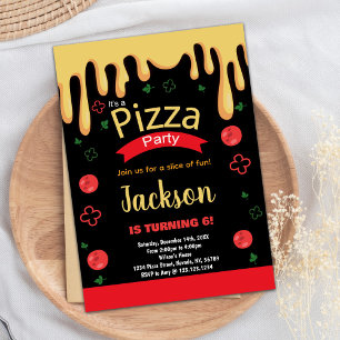 Yellow Red Green Pizza Birthday Invitations