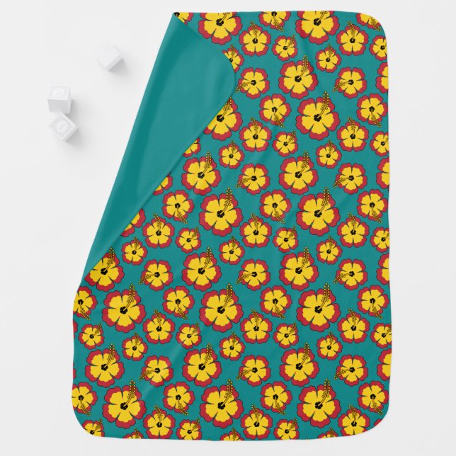  Yellow Red Hibiscus Tropical Flowers Pattern Baby Blanket (In Situ)