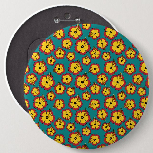 Yellow Red Hibiscus Tropical Flowers Pattern Button (Front & Back)