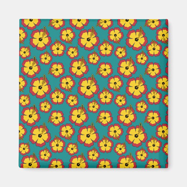  Yellow Red Hibiscus Tropical Flowers Pattern Magnet (Front)