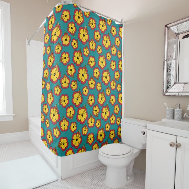  Yellow Red Hibiscus Tropical Flowers Pattern Shower Curtain (In Situ)