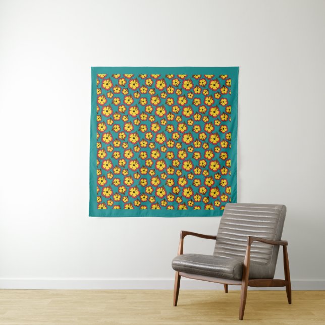  Yellow Red Hibiscus Tropical Flowers Pattern Tapestry (In Situ)