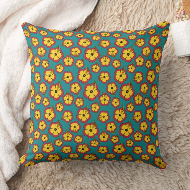  Yellow Red Hibiscus Tropical Flowers Pattern Throw Pillow (Blanket)