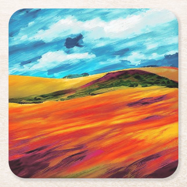 Yellow Red Hills Square Paper Coaster (Front)