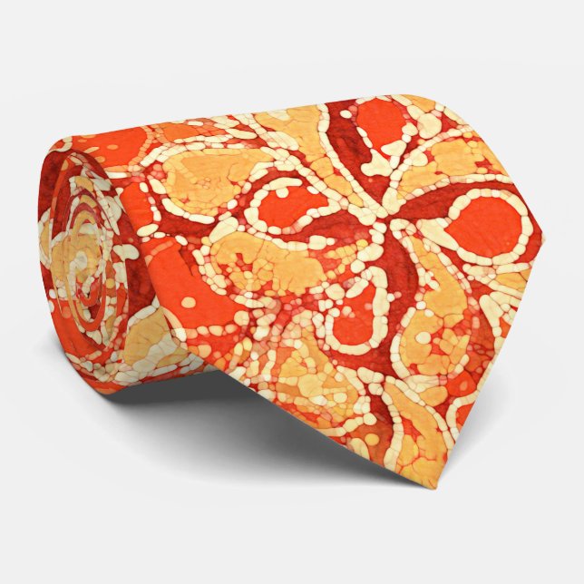 Yellow Red Orange Bali Batik Style Paisley Pattern Neck Tie (Rolled)