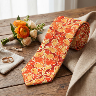 Yellow Red Orange Bali Batik Style Paisley Pattern Neck Tie
