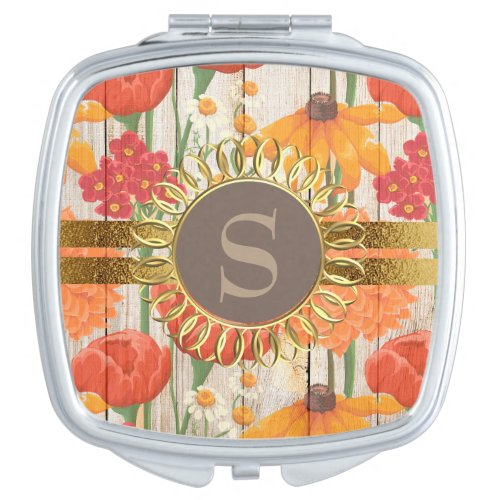 Yellow Red Orange Floral Rustic Wood Monogram Mirror For Makeup