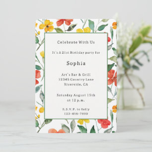 Yellow Red Peach Flowers Birthday Invitation
