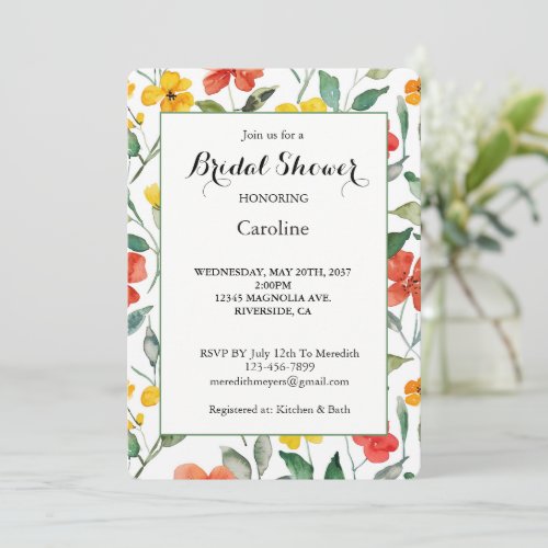 Yellow Red Peach Flowers Bridal Shower Invitation