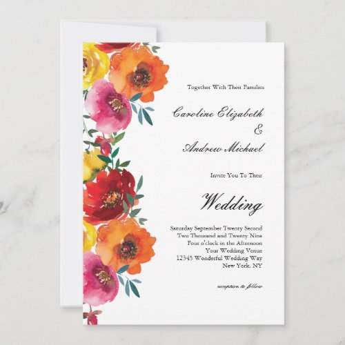 Yellow Red Pink Orange Watercolor Floral Wedding Invitation