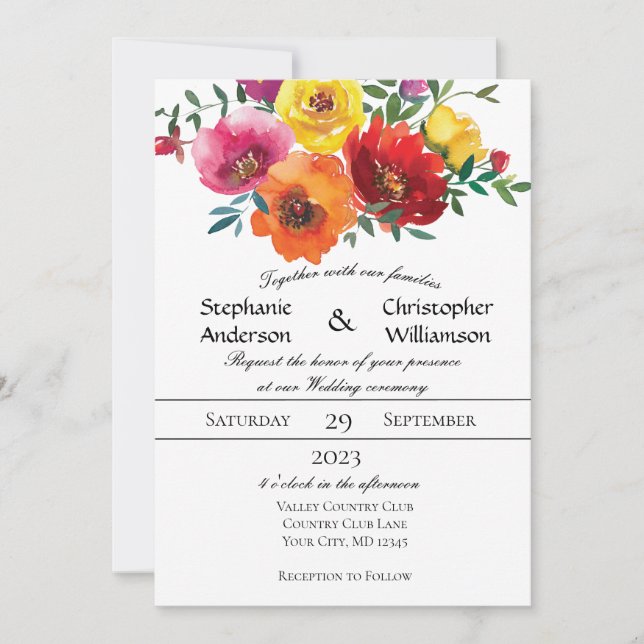 Yellow Red Pink Watercolor Floral Greenery Wedding Invitation (Front)