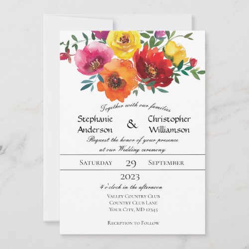 Yellow Red Pink Watercolor Floral Greenery Wedding Invitation