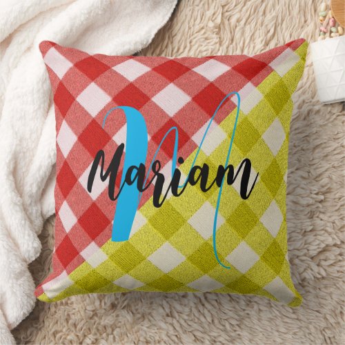Yellow Red Plaid Fabric - Name Monogrammed Throw Pillow