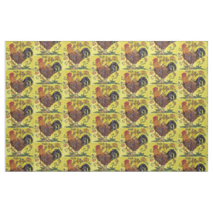Yellow Red Rooster Chicken Tiled Folk Art Fabric
