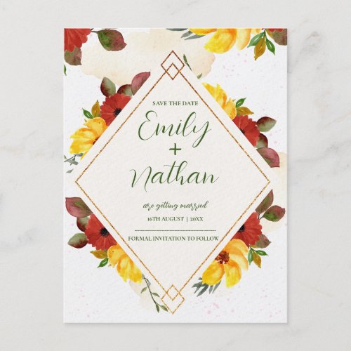 Yellow Red Rustic Pretty Watercolor Floral Wedding Announcement Postcard