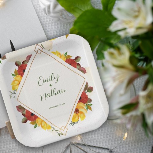 Yellow Red Rustic Pretty Watercolor Floral Wedding Paper Plates