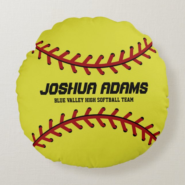 Yellow Red Softball Sports Team Round Pillow (Front)