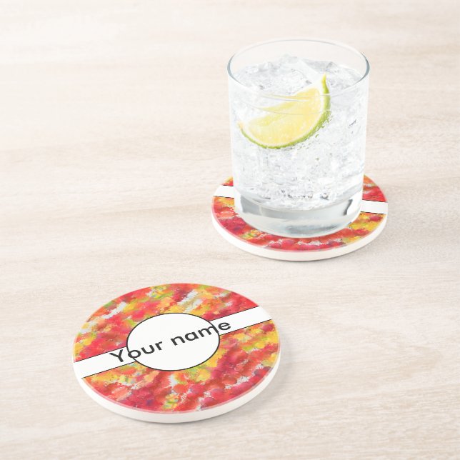 Yellow red splatters drink coaster (Side)