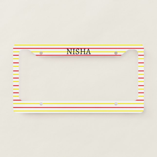 Yellow Red Stripes Custom Name License Plate Frame (Front)