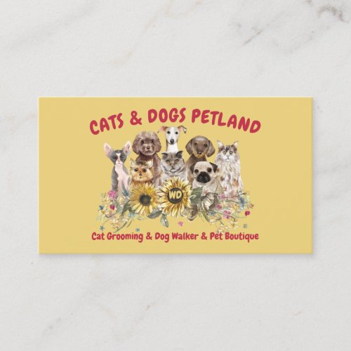 Yellow Red Sunflower Dog Cat Groomer Pet Business Card