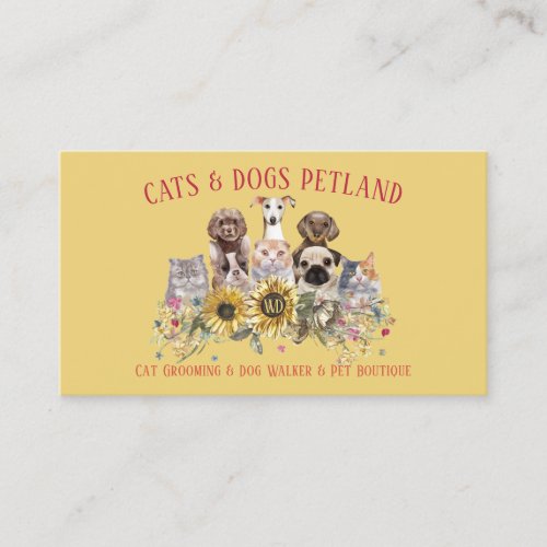 Yellow Red Sunflower Dog Walker Cat Grooming Pet Business Card