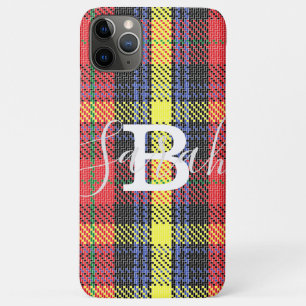 Yellow & Red Tartan Checkered Monogram Name iPhone 11 Pro Max Case