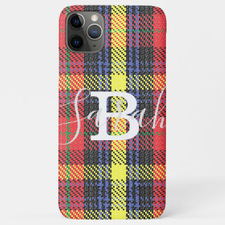 Yellow & Red Tartan Checkered Monogram Name iPhone 11 Pro Max Case