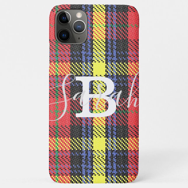 Yellow & Red Tartan Checkered Monogram Name Case-Mate iPhone Case (Back)