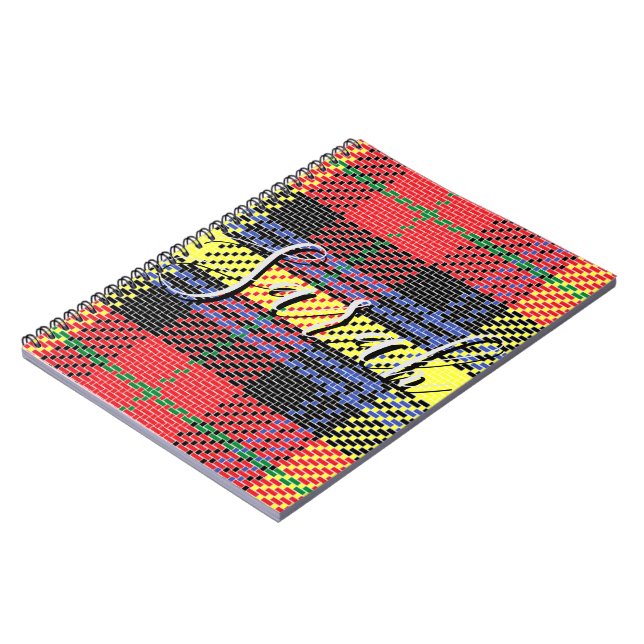 Yellow & Red Tartan Checkered Monogram Name Notebook (Left Side)