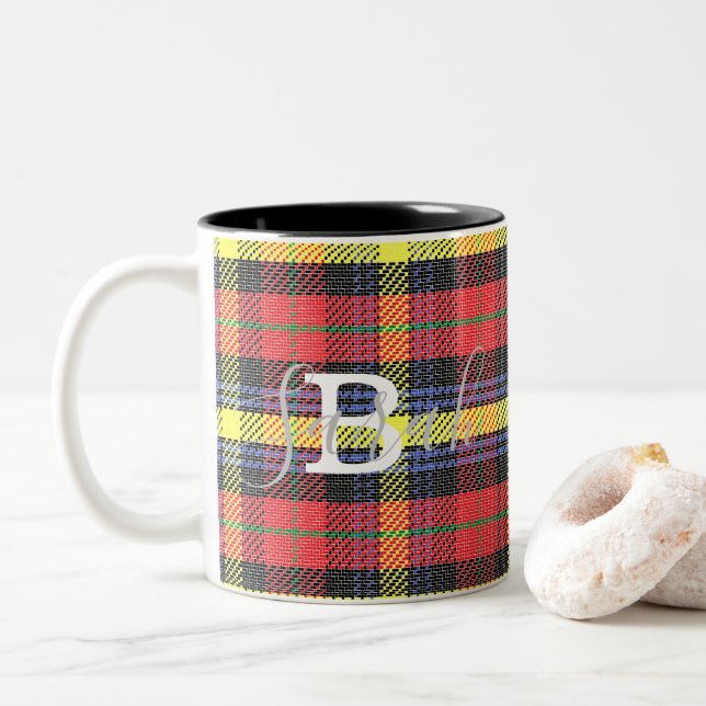 Yellow & Red Tartan Checkered Monogram Name Two-Tone Coffee Mug (With Donut)