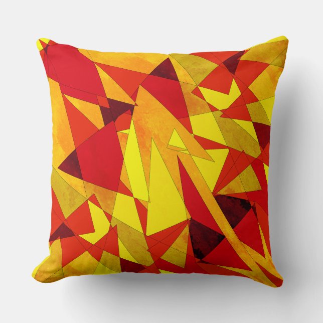 Yellow red triangles and spotty geometric shapes throw pillow (Front)