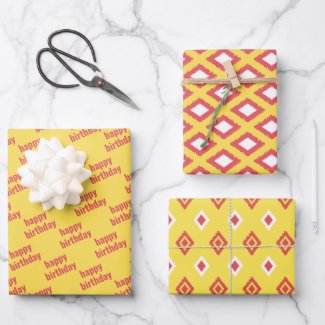 Yellow & Red Tribal Diamond Ikat Pattern Birthday Wrapping Paper Sheets