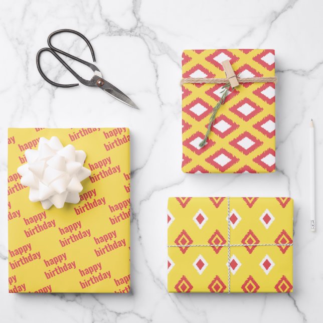 Yellow & Red Tribal Diamond Ikat Pattern Birthday Wrapping Paper Sheets (Front)