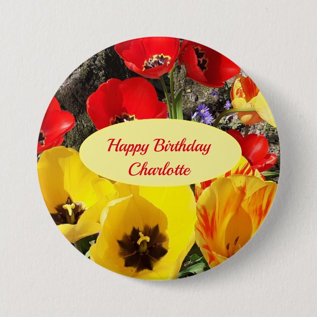 Yellow & Red Tulips Birthday  Button (Front)