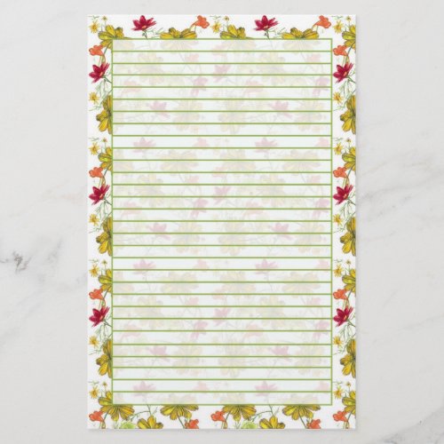 Yellow Red Watercolor Wildflowers Green Lined Stationery