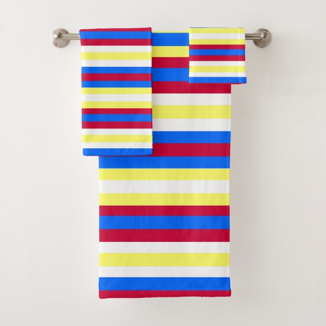 Yellow, Red, White and  Blue Stripes Bath Towel Set (Insitu)