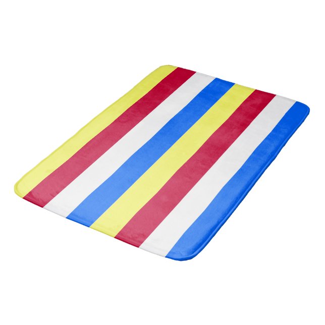 Yellow, Red, White and  Blue Stripes Bathroom Mat (Angled)