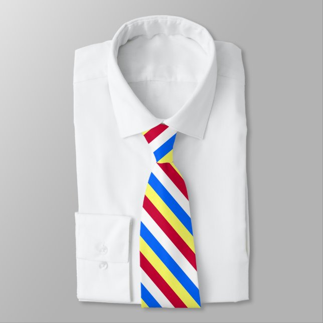 Yellow, Red, White and  Blue Stripes Neck Tie (Tied)
