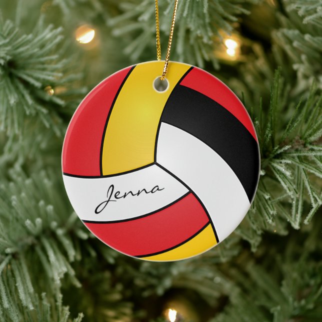 Yellow, Red, White & Black Personalize Volleyball Ceramic Ornament (Tree)