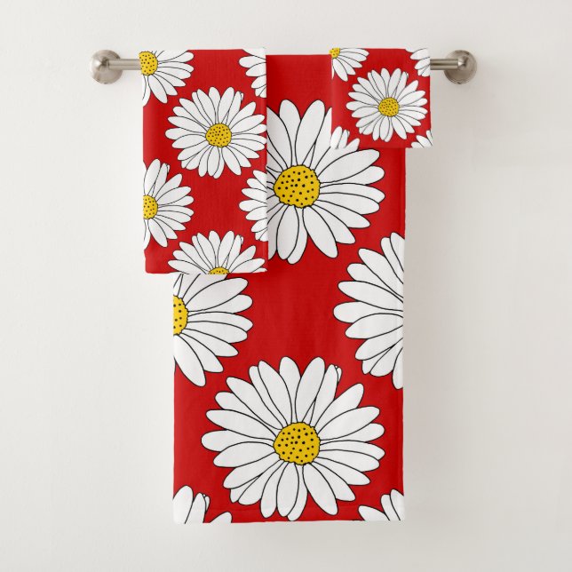 Yellow Red White Daisy Pattern Bath Towel Set (Insitu)