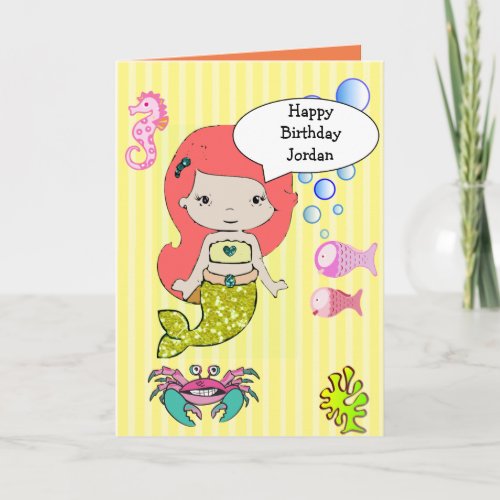 Yellow Redhead Mermaid Happy Birthday Card