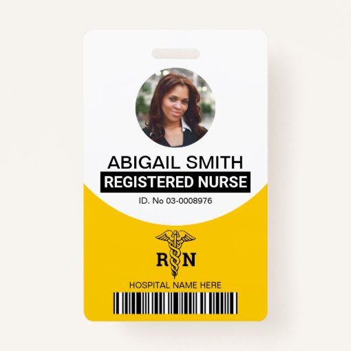 Yellow Registered nurse caduceus photo template Badge | Zazzle