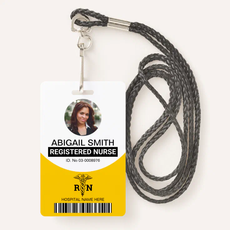 Yellow Registered nurse caduceus photo template Badge | Zazzle