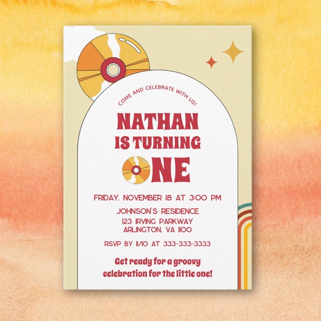 Yellow Retro 1st Kids Birthday Groovy Party Vinyl Invitation (Creator Uploaded)